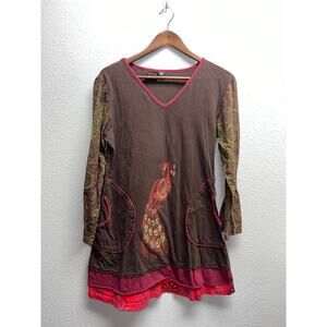 Womens Lunieva Dress Top Peacock Graphic Boho Bohemian Artistic Nepal Made Large
